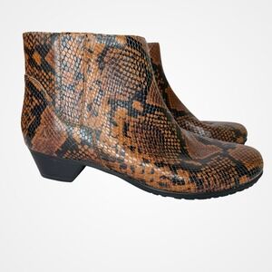 Abeo Snake Print Ankle Boots‎ Womens 9.5 Brown Black Zip Block Heel Winter READ